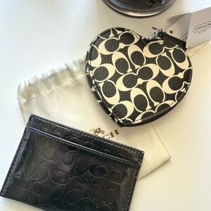 Coach Black and Ivory Signature Heart Coin Case with Black Card Holder